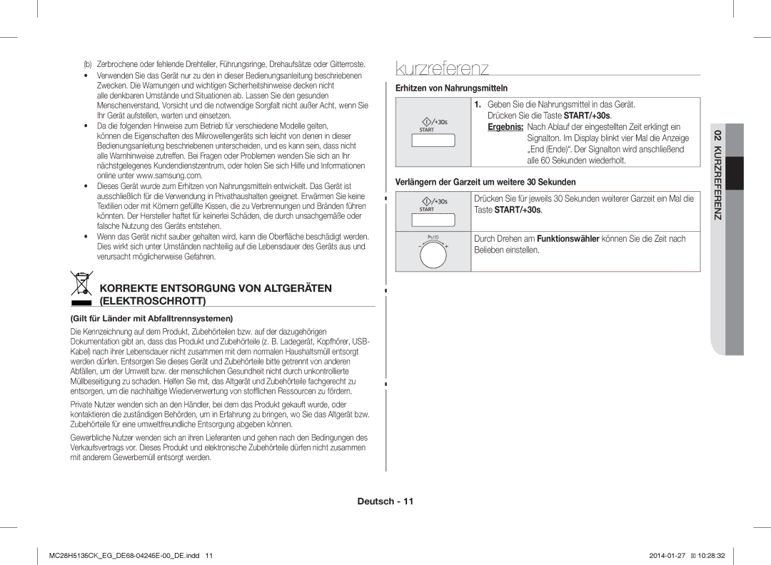 Samsung MC28H5135CK/EG manual Kurzreferenz, Korrekte Entsorgung VON Altgeräten Elektroschrott, Erhitzen von Nahrungsmitteln 