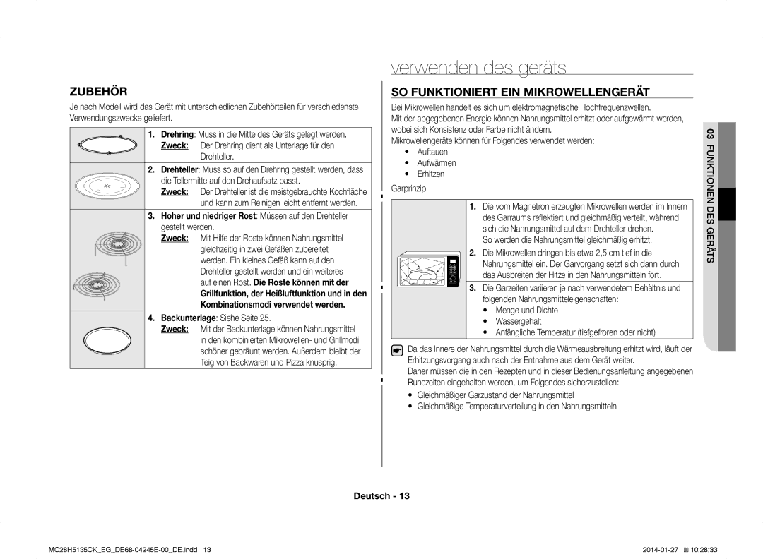 Samsung MC28H5135CK/EG, MC28H5135CW/EG manual Verwenden des geräts, Zubehör, SO Funktioniert EIN Mikrowellengerät 