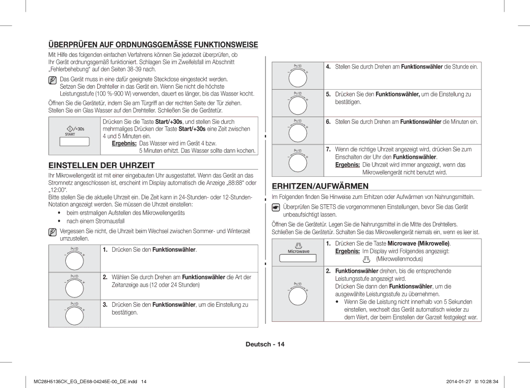 Samsung MC28H5135CW/EG manual Einstellen DER Uhrzeit, Erhitzen/Aufwärmen, Überprüfen AUF Ordnungsgemässe Funktionsweise 