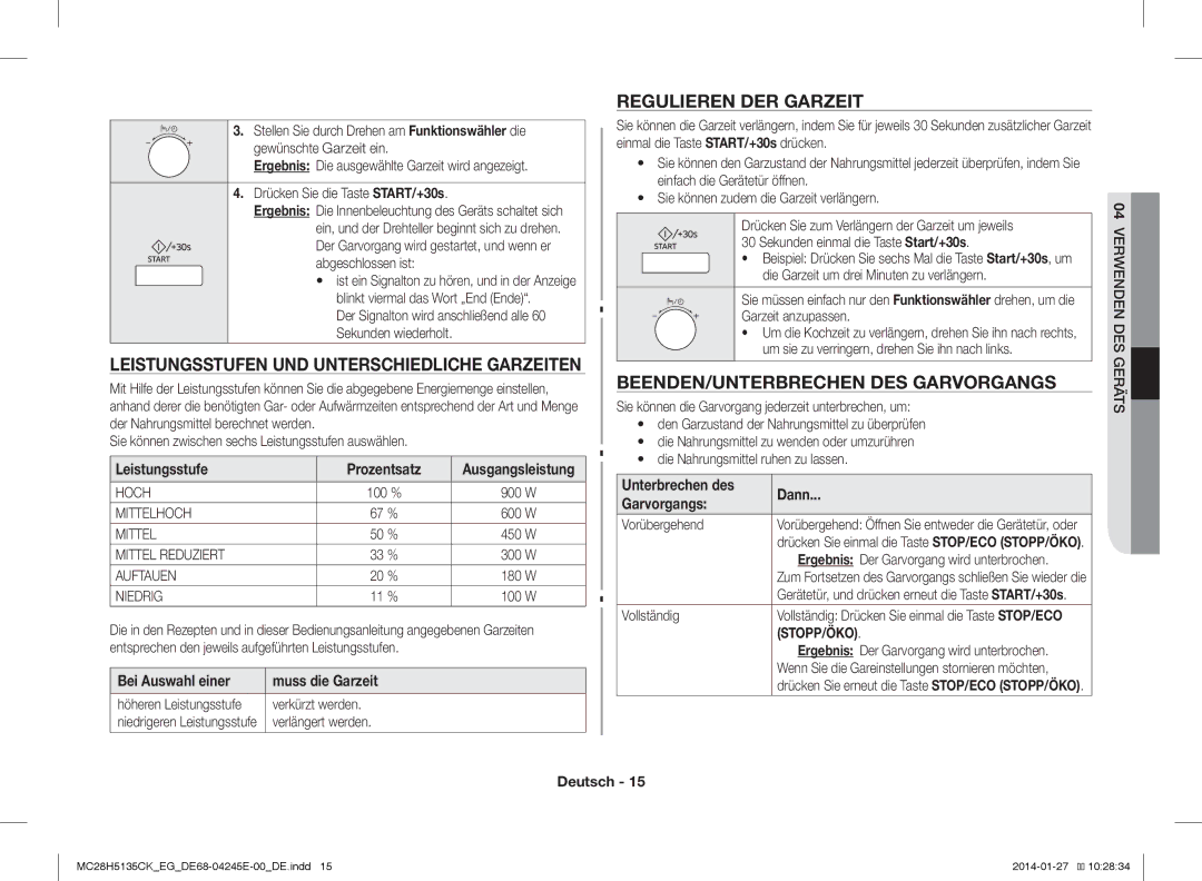 Samsung MC28H5135CK/EG, MC28H5135CW/EG manual Leistungsstufen UND Unterschiedliche Garzeiten, Regulieren DER Garzeit 