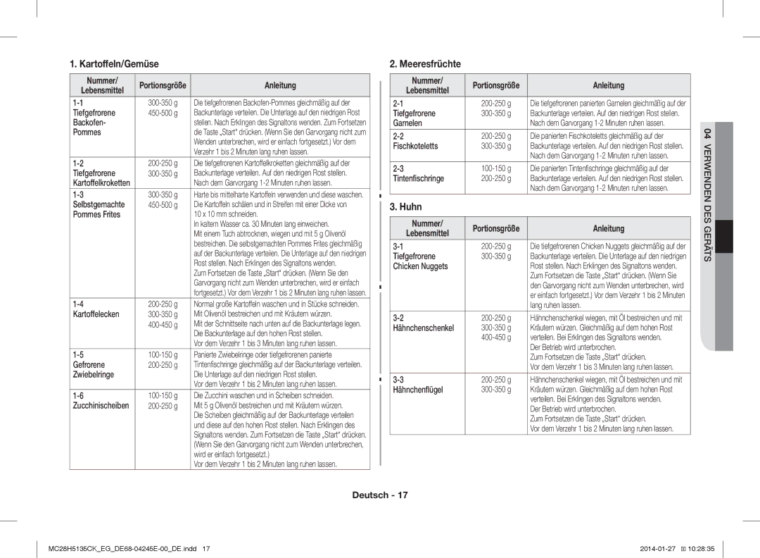 Samsung MC28H5135CK/EG, MC28H5135CW/EG manual Kartoffeln/Gemüse, Meeresfrüchte, Huhn, Nummer, Anleitung 