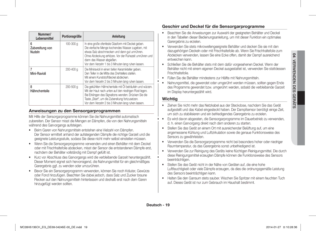 Samsung MC28H5135CK/EG Anweisungen zu den Sensorgarprogrammen, Geschirr und Deckel für die Sensorgarprogramme, Wichtig 