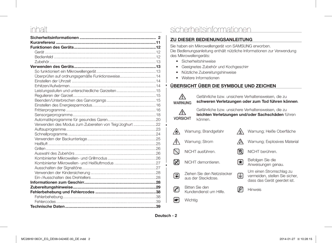 Samsung MC28H5135CW/EG Sicherheitsinformationen, ZU Dieser Bedienungsanleitung, Übersicht Über DIE Symbole UND Zeichen 