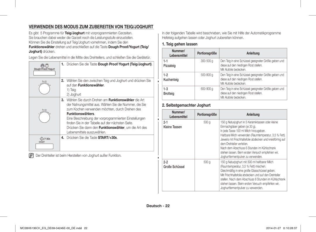 Samsung MC28H5135CW/EG Verwenden DES Modus ZUM Zubereiten VON TEIG/JOGHURT, Teig gehen lassen, Selbstgemachter Joghurt 