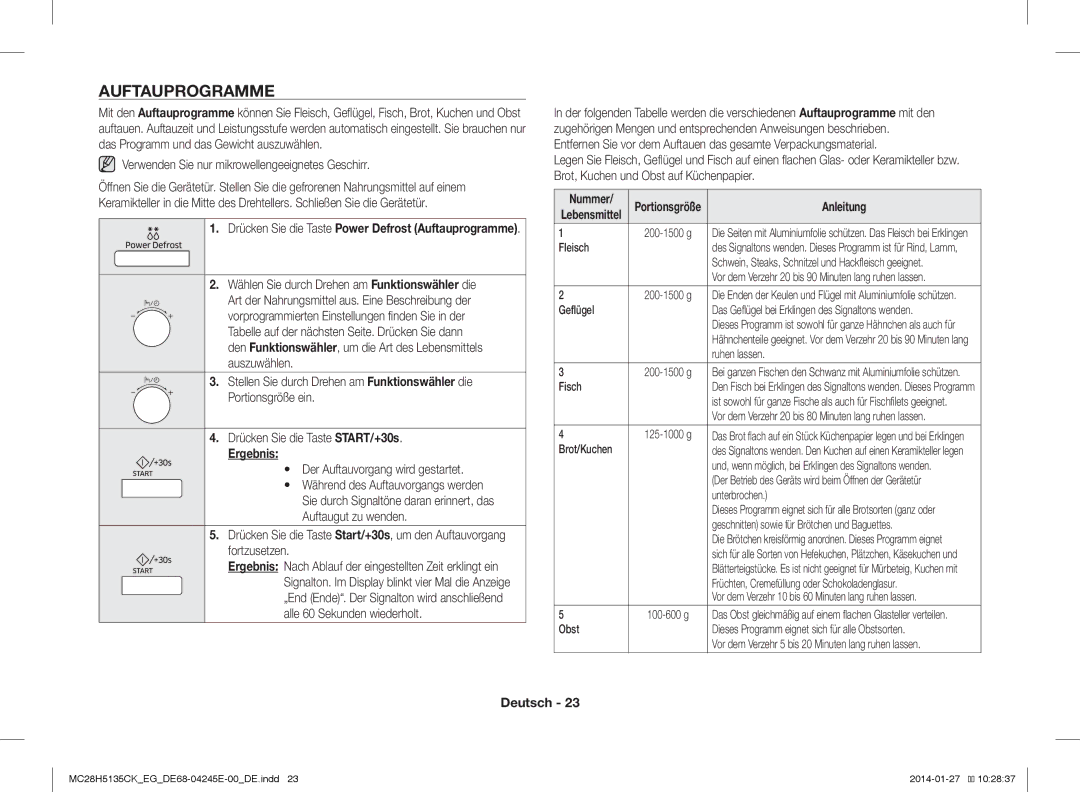 Samsung MC28H5135CK/EG, MC28H5135CW/EG manual Auftauprogramme, Ergebnis, Portionsgröße 