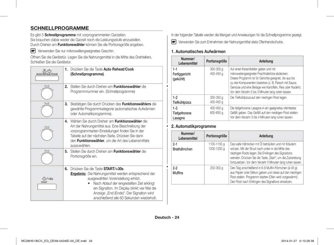 Samsung MC28H5135CW/EG, MC28H5135CK/EG manual Schnellprogramme, Automatisches Aufwärmen, Automatikprogramme 