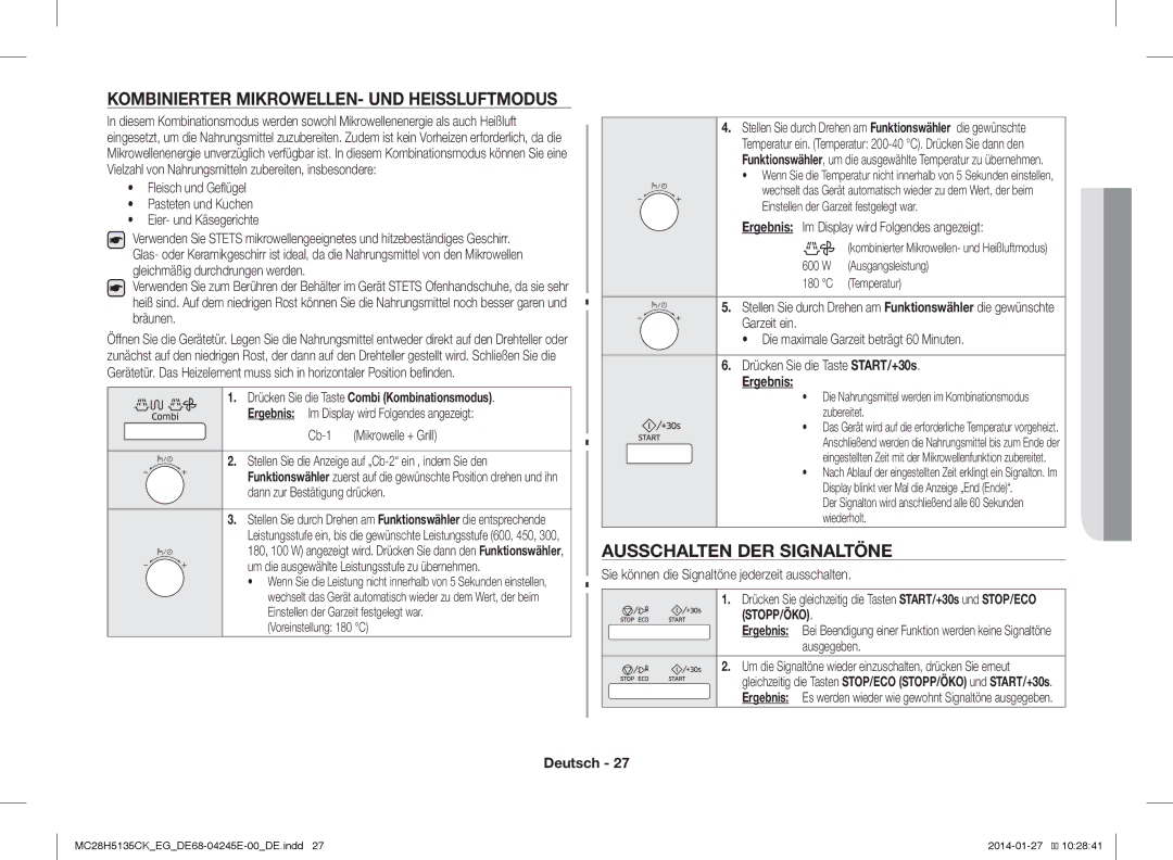 Samsung MC28H5135CK/EG, MC28H5135CW/EG manual Kombinierter MIKROWELLEN- UND Heissluftmodus, Ausschalten DER Signaltöne 