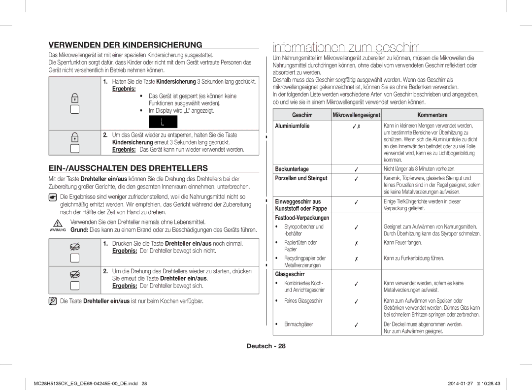 Samsung MC28H5135CW/EG manual Informationen zum geschirr, Verwenden DER Kindersicherung, EIN-/AUSSCHALTEN DES Drehtellers 