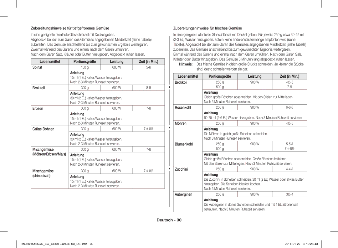 Samsung MC28H5135CW/EG, MC28H5135CK/EG manual Lebensmittel, Leistung Zeit in Min 