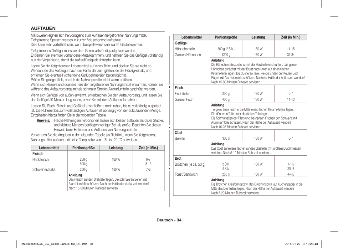 Samsung MC28H5135CW/EG, MC28H5135CK/EG manual Auftauen 