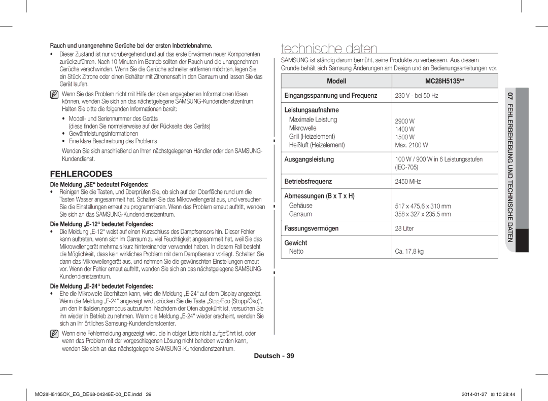 Samsung MC28H5135CK/EG, MC28H5135CW/EG manual Technische daten, Fehlercodes 