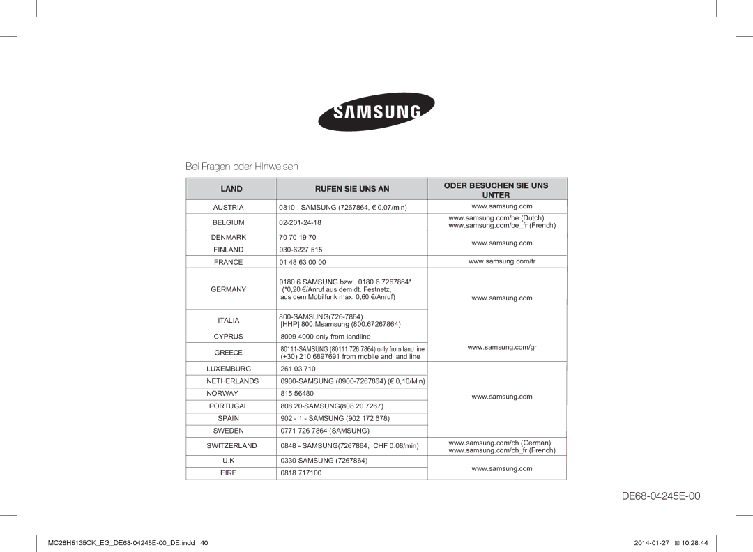 Samsung MC28H5135CW/EG, MC28H5135CK/EG manual DE68-04245E-00 