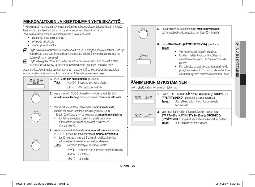 Samsung MC28H5185CK/EE manual Mikroaaltojen JA Kiertoilman Yhteiskäyttö, Äänimerkin Mykistäminen 