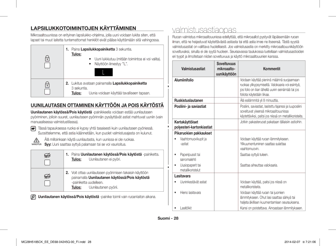 Samsung MC28H5185CK/EE manual Valmistusastiaopas, Lapsilukkotoimintojen Käyttäminen 