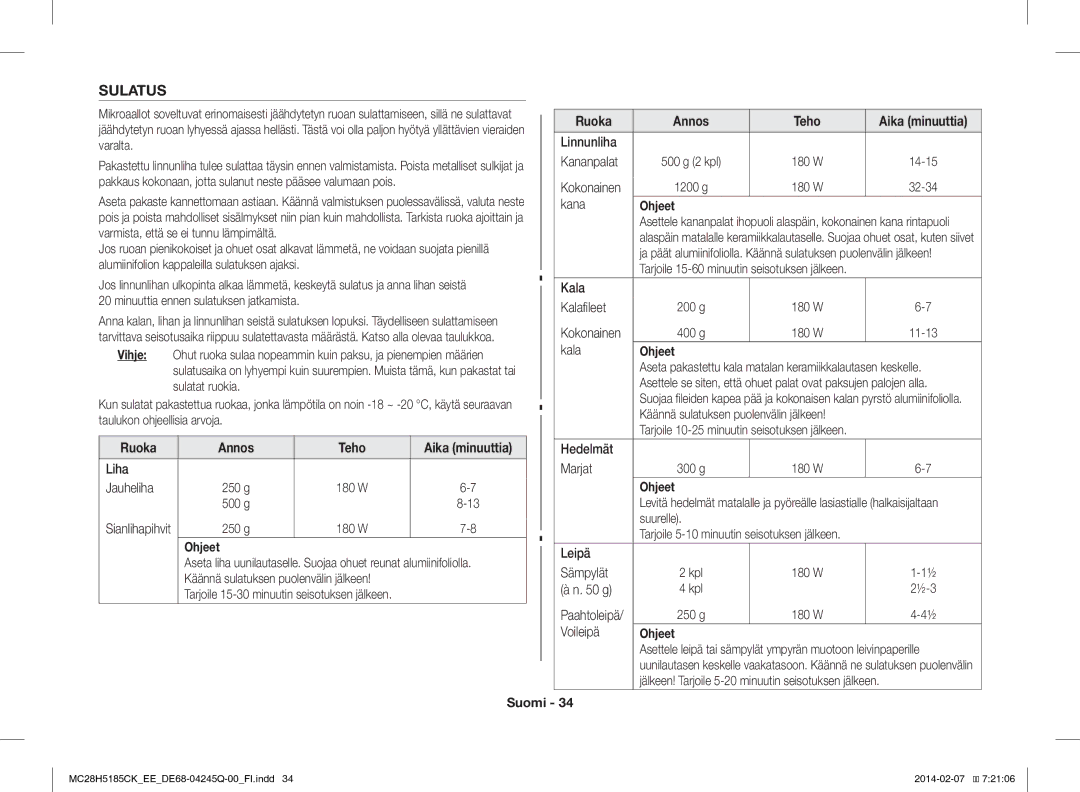 Samsung MC28H5185CK/EE manual Sulatus, Vihje 