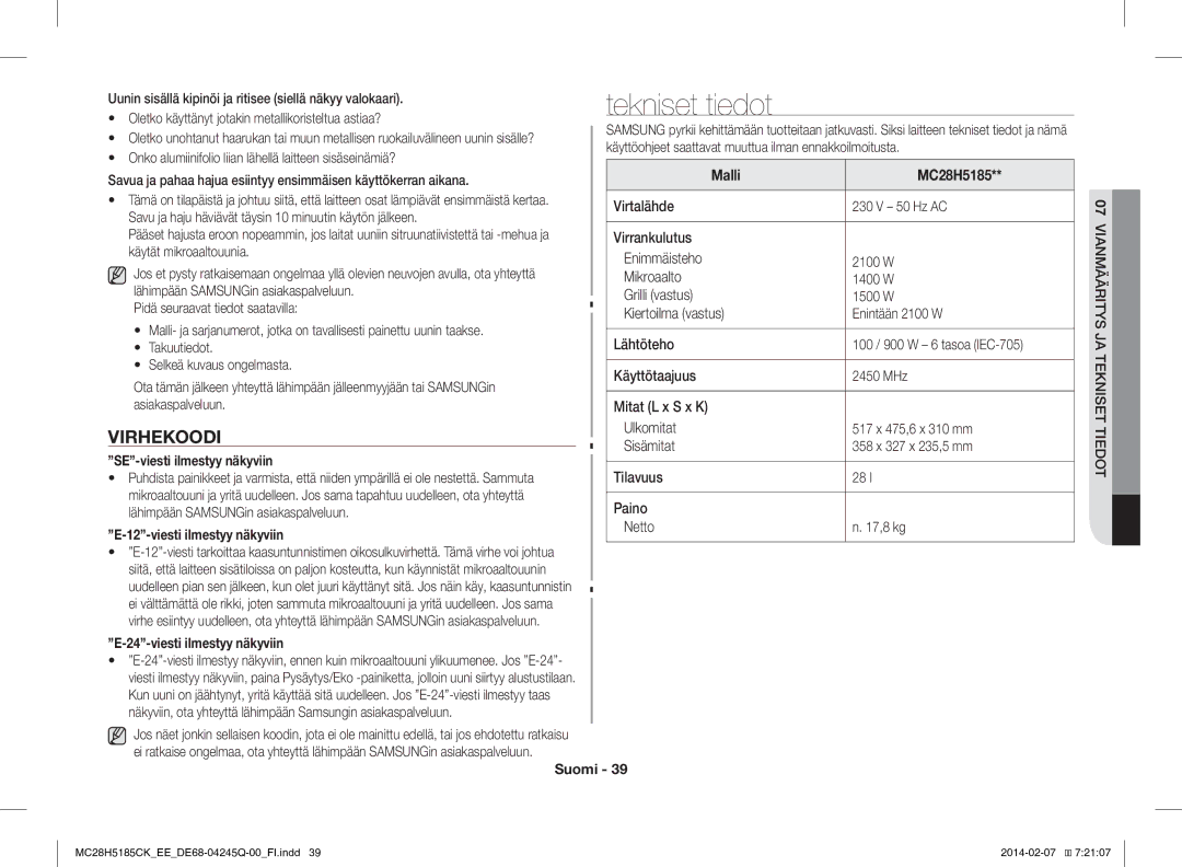 Samsung MC28H5185CK/EE Tekniset tiedot, Virhekoodi, SE-viesti ilmestyy näkyviin, Viesti ilmestyy näkyviin, Malli MC28H5185 