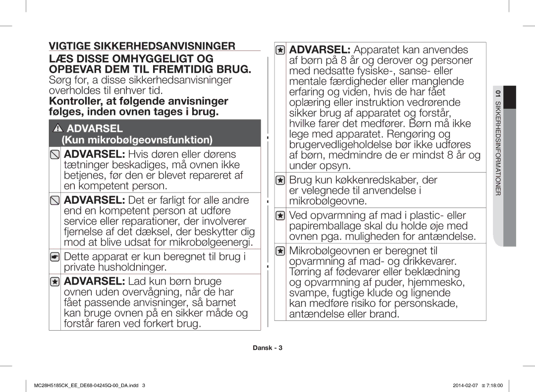 Samsung MC28H5185CK/EE manual Vigtige Sikkerhedsanvisninger 