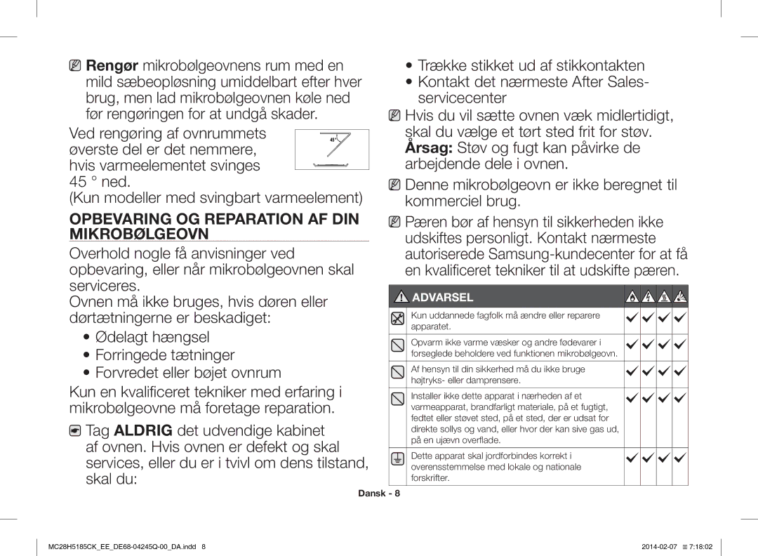 Samsung MC28H5185CK/EE manual Opbevaring OG Reparation AF DIN Mikrobølgeovn 