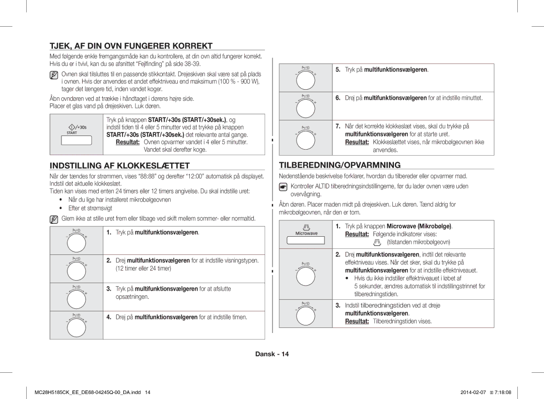 Samsung MC28H5185CK/EE manual TJEK, AF DIN OVN Fungerer Korrekt, Indstilling AF Klokkeslættet, Tilberedning/Opvarmning 