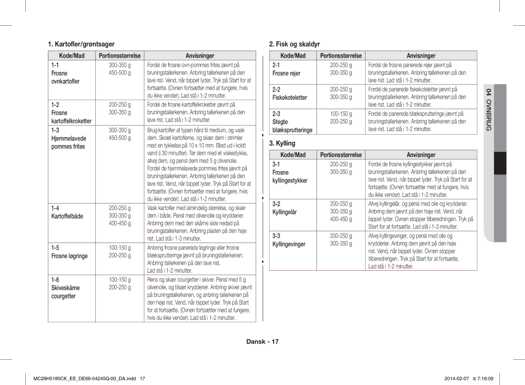 Samsung MC28H5185CK/EE manual Kartofler/grøntsager, Fisk og skaldyr, Kode/Mad, Anvisninger 