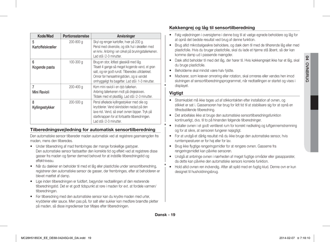 Samsung MC28H5185CK/EE Tilberedningsvejledning for automatisk sensortilberedning, Køkkengrej og låg til sensortilberedning 