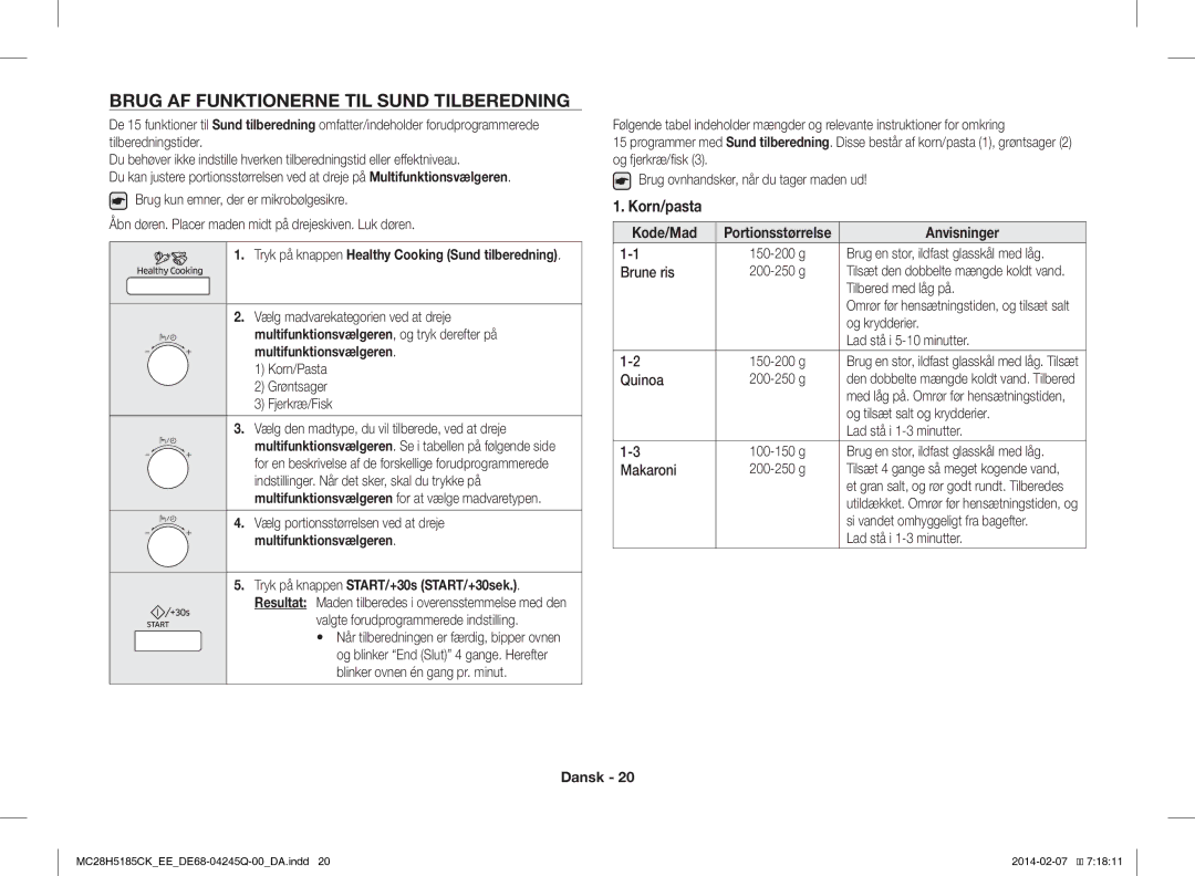 Samsung MC28H5185CK/EE manual Brug AF Funktionerne TIL Sund Tilberedning 