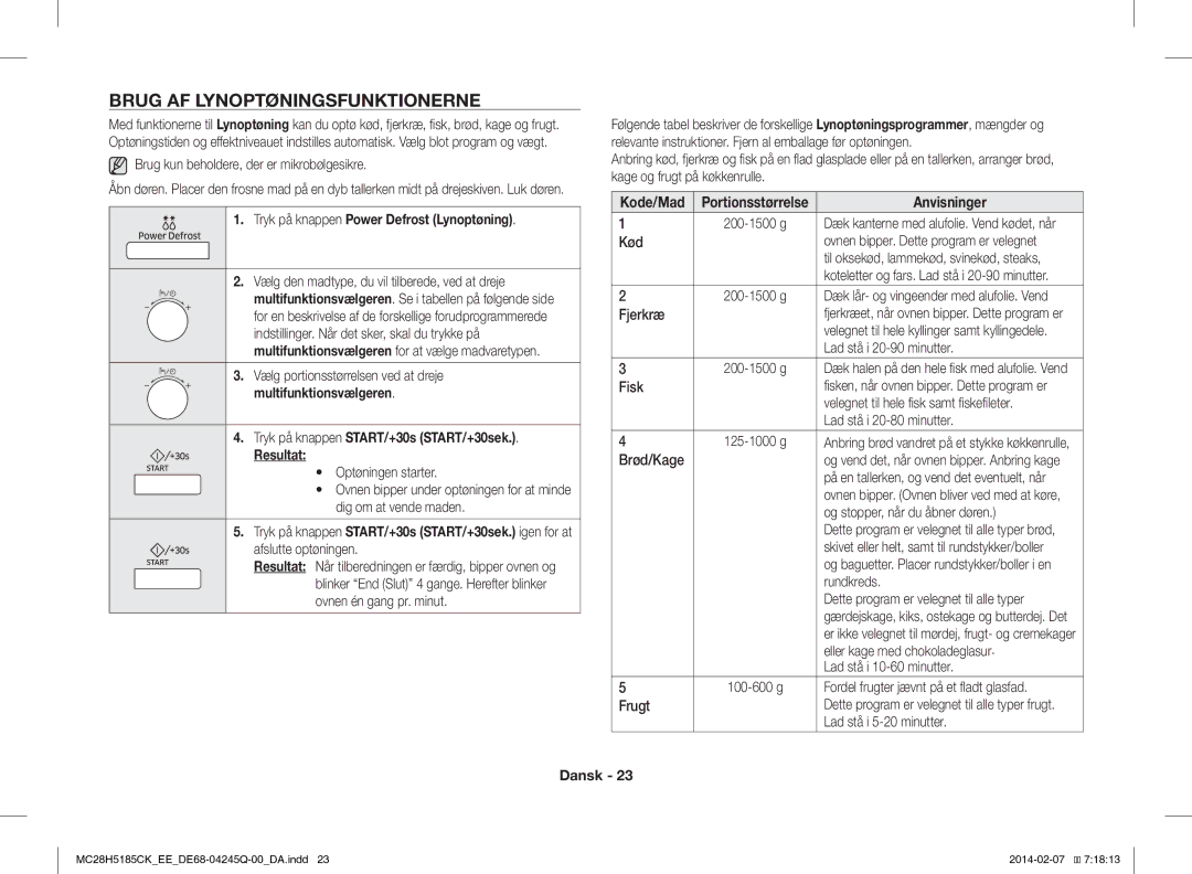 Samsung MC28H5185CK/EE manual Brug AF Lynoptøningsfunktionerne, Tryk på knappen Power Defrost Lynoptøning 