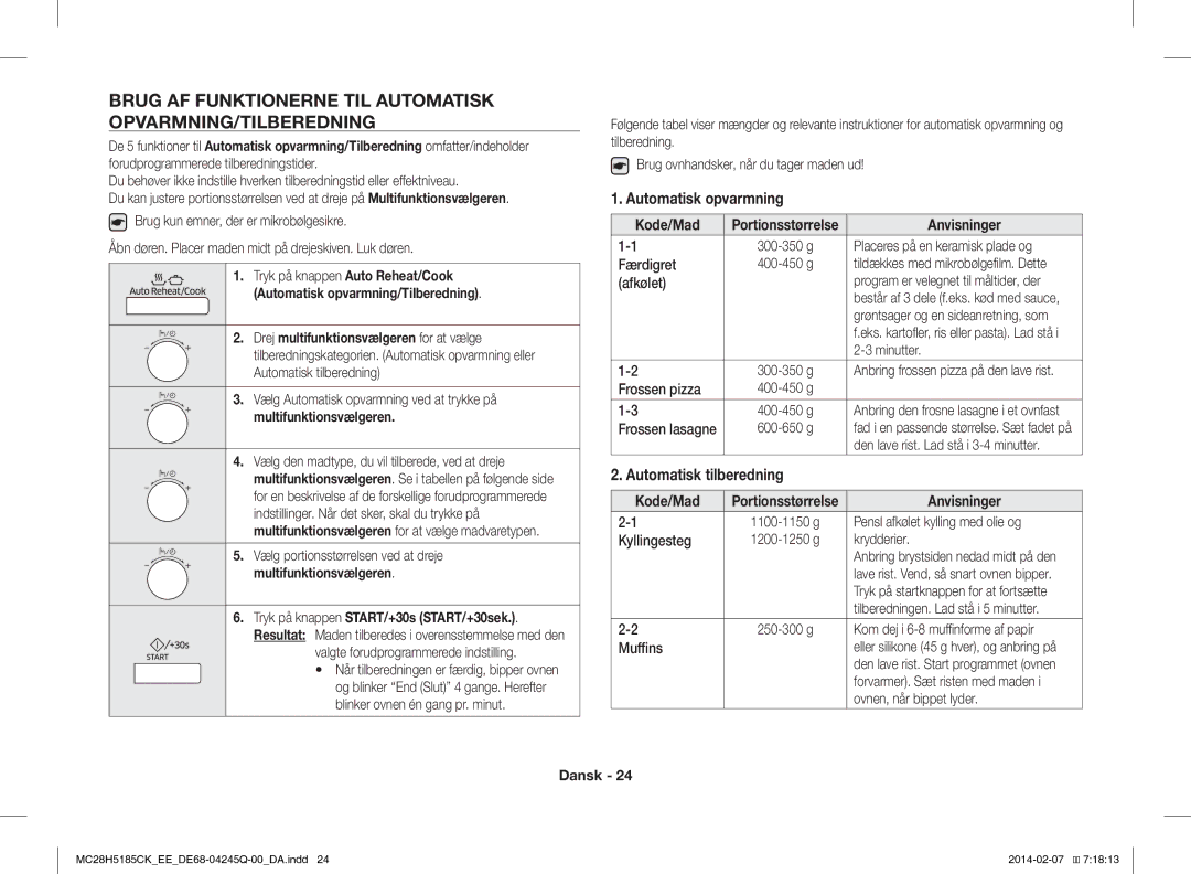 Samsung MC28H5185CK/EE manual Brug AF Funktionerne TIL Automatisk OPVARMNING/TILBEREDNING, Automatisk opvarmning 