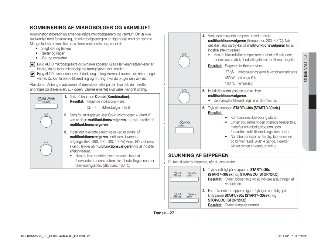 Samsung MC28H5185CK/EE Kombinering AF Mikrobølger OG Varmluft, Slukning AF Bipperen, START/+30sek. og STOP/ECO STOP/ØKO 