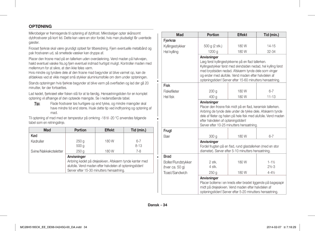 Samsung MC28H5185CK/EE manual Optøning 