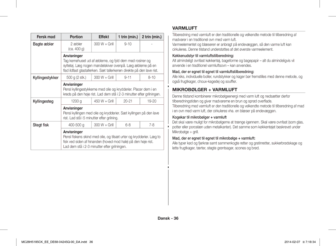 Samsung MC28H5185CK/EE manual Mikrobølger + Varmluft, Bagte æbler, Rist. Lad stå i 5 minutter efter grilning Stegt fisk 