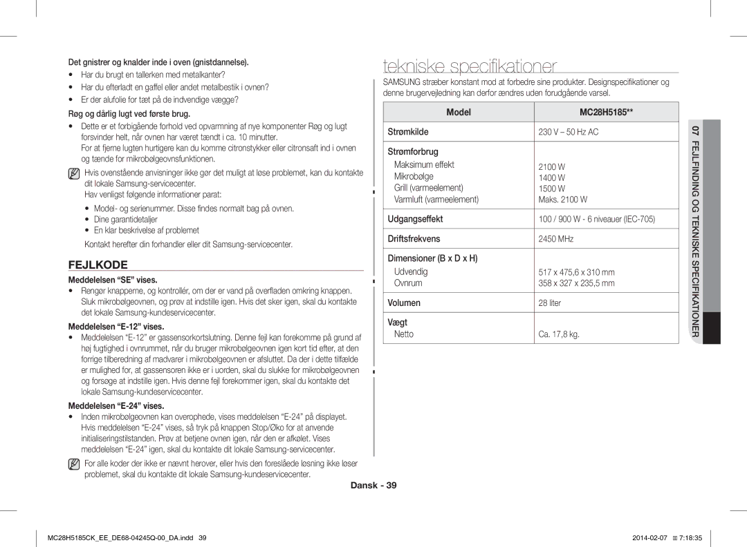 Samsung MC28H5185CK/EE manual Tekniske specifikationer, Fejlkode 