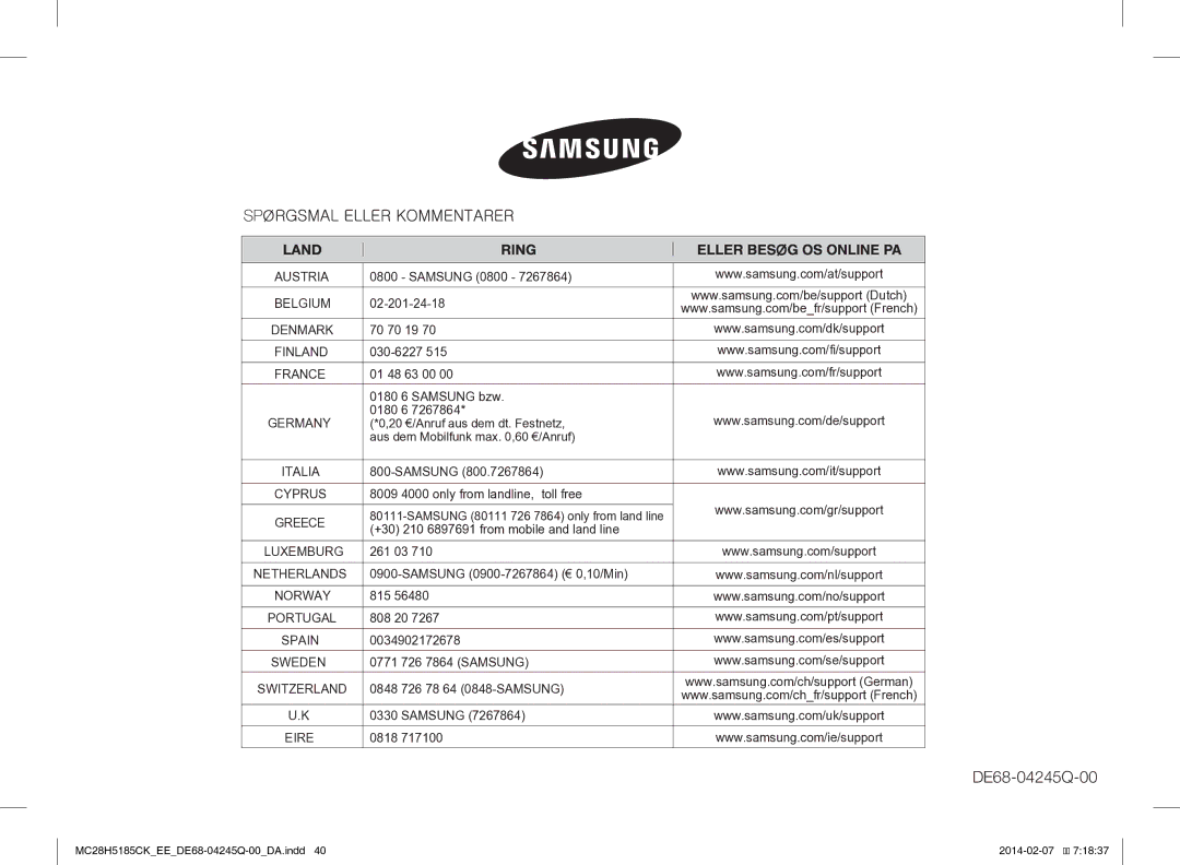 Samsung MC28H5185CK/EE manual DE68-04245Q-00 