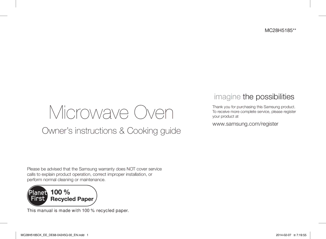 Samsung MC28H5185CK/EE Microwave Oven, This manual is made with 100 % recycled paper 