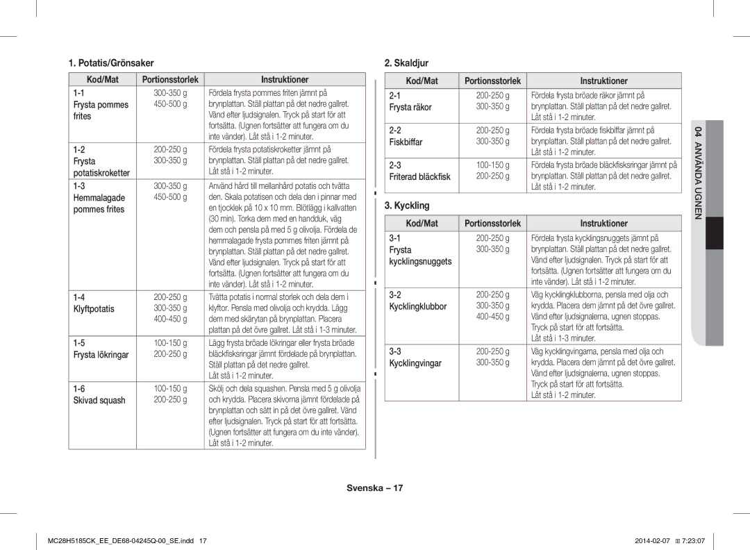 Samsung MC28H5185CK/EE manual Potatis/Grönsaker, Skaldjur, Kyckling, Kod/Mat, Instruktioner 