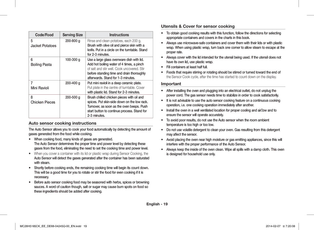 Samsung MC28H5185CK/EE manual Auto sensor cooking instructions, Utensils & Cover for sensor cooking 