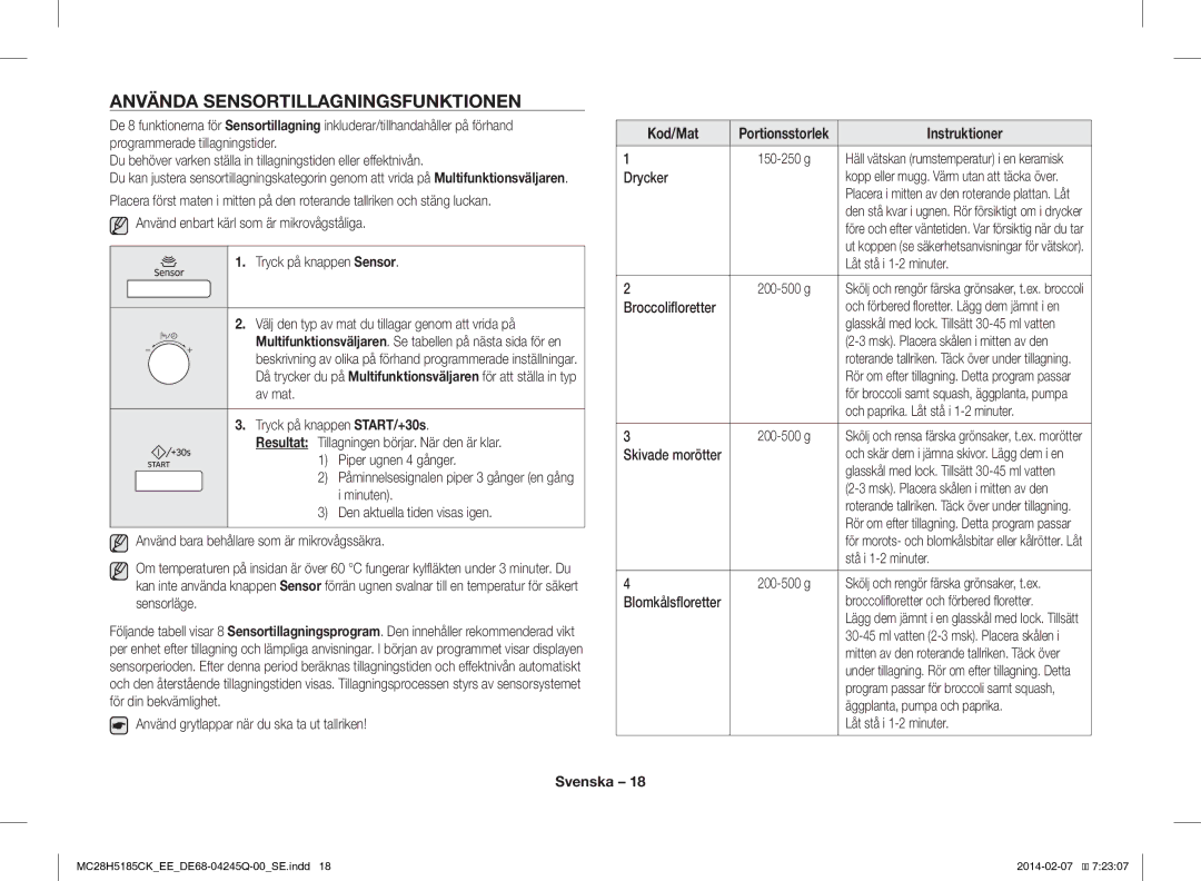 Samsung MC28H5185CK/EE manual Använda Sensortillagningsfunktionen 