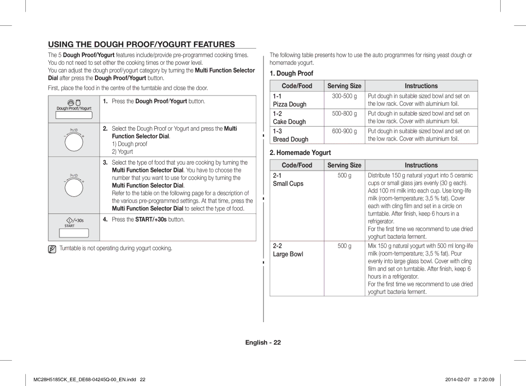 Samsung MC28H5185CK/EE manual Using the Dough PROOF/YOGURT Features, Dough Proof, Homemade Yogurt 