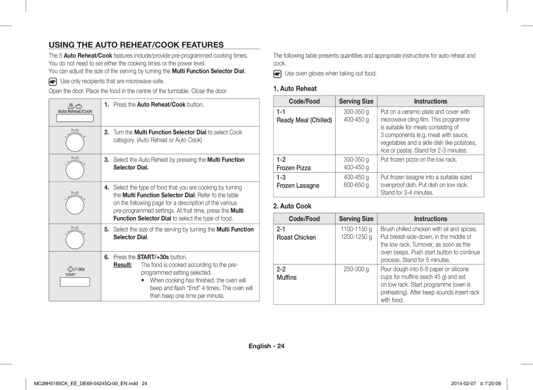 Samsung MC28H5185CK/EE manual Using the Auto REHEAT/COOK Features, Auto Cook, Press the Auto Reheat/Cook button 