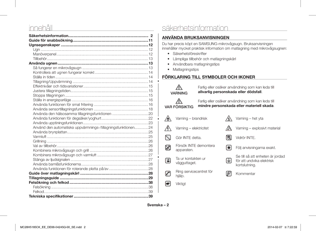 Samsung MC28H5185CK/EE manual Säkerhetsinformation, Använda Bruksanvisningen, Förklaring Till Symboler OCH Ikoner, Svenska 