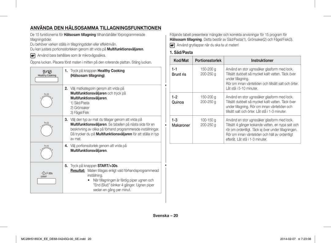 Samsung MC28H5185CK/EE manual Använda DEN Hälsosamma Tillagningsfunktionen, Säd/Pasta 