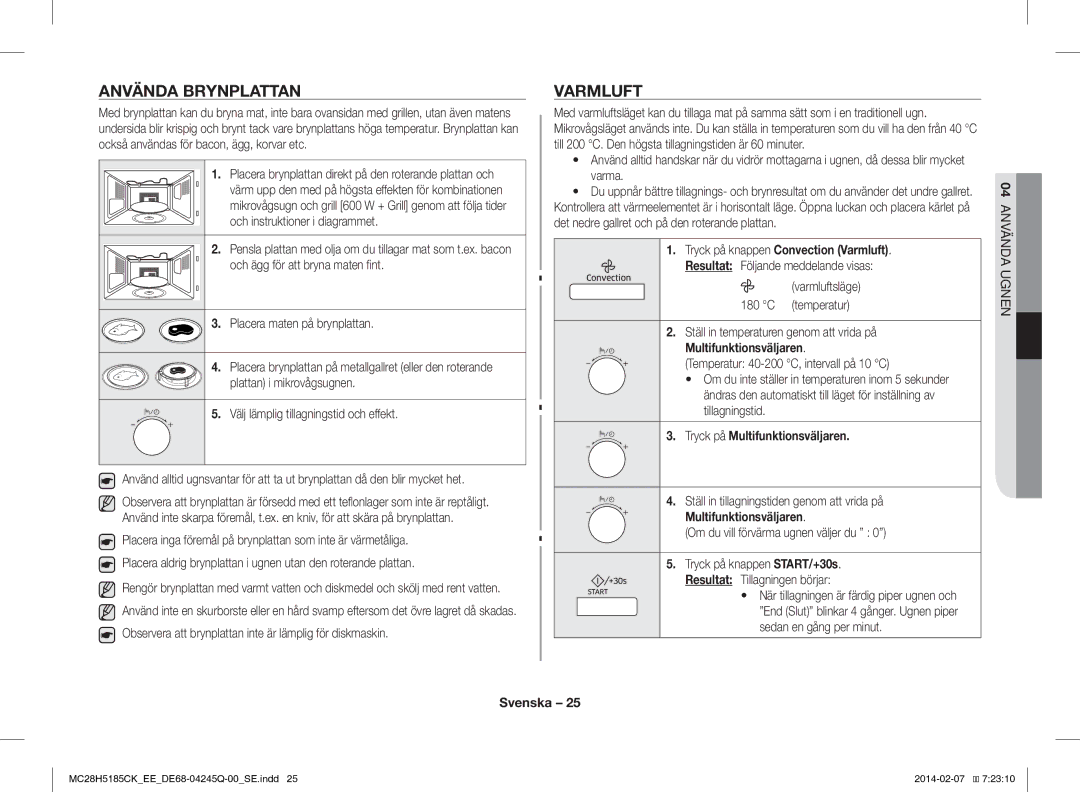 Samsung MC28H5185CK/EE manual Använda Brynplattan, Varmluft, Placera brynplattan direkt på den roterande plattan och 