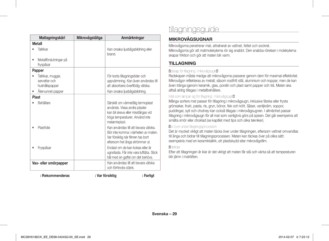 Samsung MC28H5185CK/EE manual Tillagningsguide, Mikrovågsugnar 