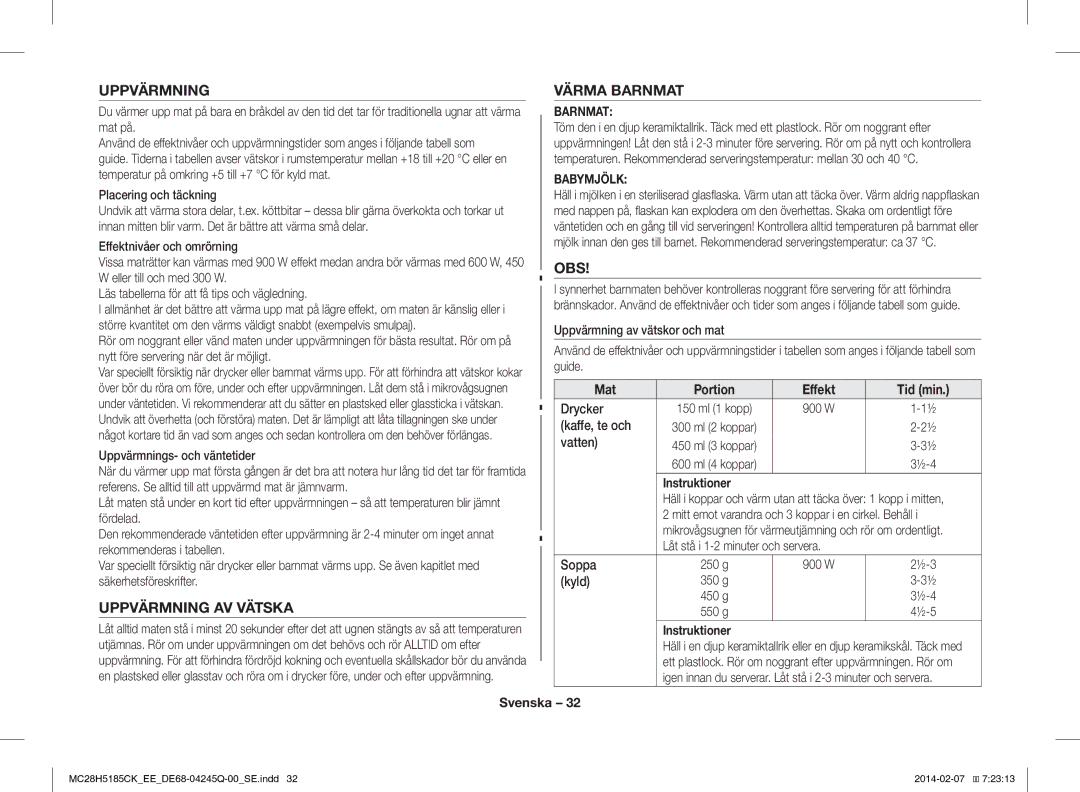 Samsung MC28H5185CK/EE manual Uppvärmning Värma Barnmat, Obs, Uppvärmning AV Vätska, Mat 