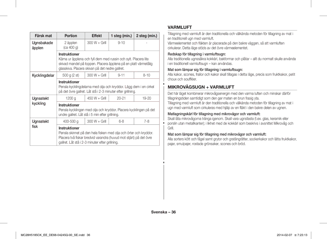 Samsung MC28H5185CK/EE manual Mikrovågsugn + Varmluft 