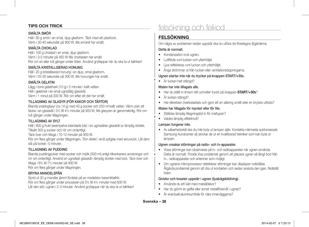 Samsung MC28H5185CK/EE manual Felsökning och felkod, Tips OCH Trick 