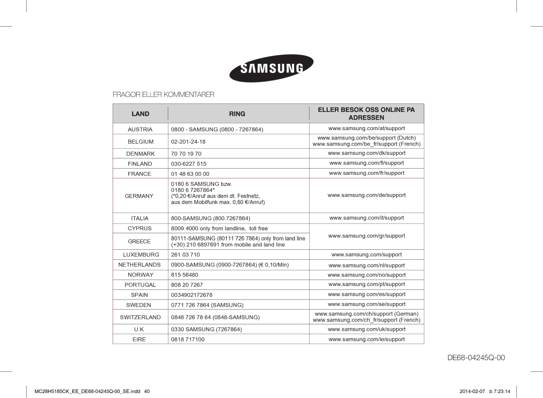 Samsung MC28H5185CK/EE Samsung 0800, 02-201-24-18, 70 70 19, 030-6227, 01 48 63 00 0180 6 Samsung bzw, 261 03, 815, 808 20 