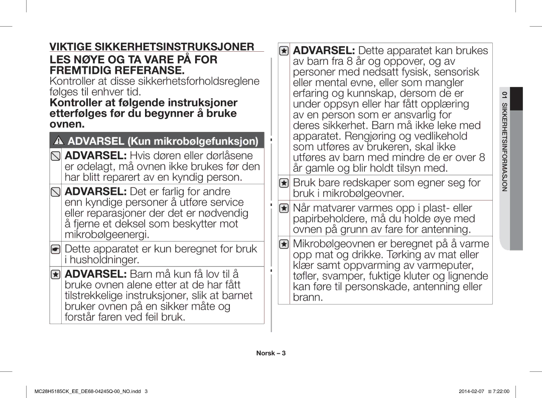 Samsung MC28H5185CK/EE manual LES Nøye OG TA Vare PÅ for Fremtidig Referanse, Sikkerhetsinformasjon 