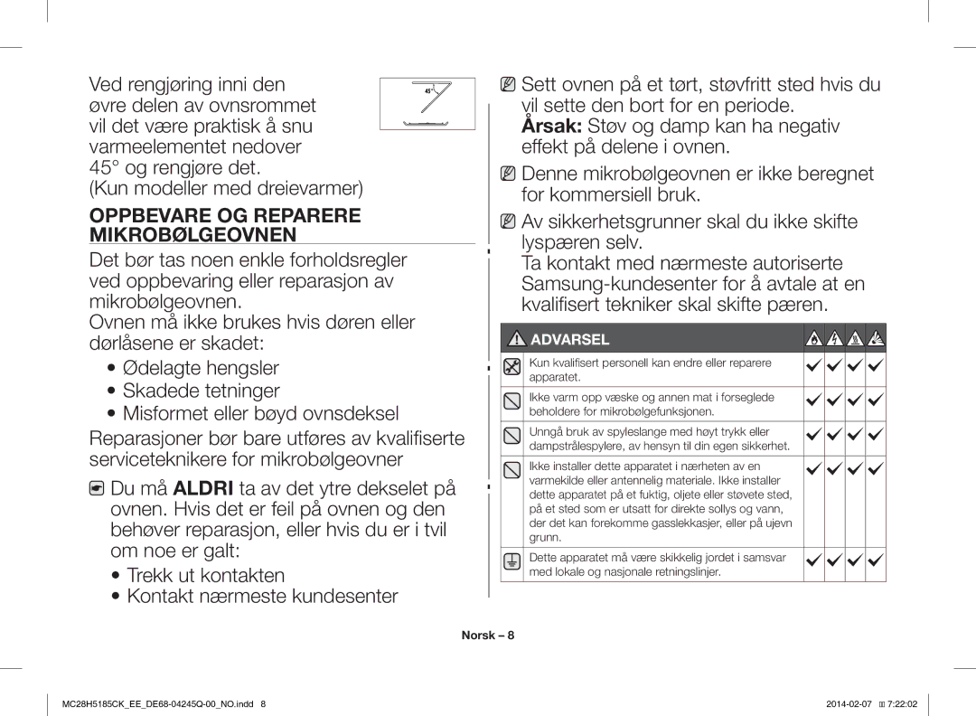 Samsung MC28H5185CK/EE Oppbevare OG Reparere Mikrobølgeovnen, Kun kvalifisert personell kan endre eller reparere apparatet 