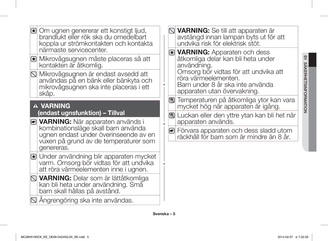 Samsung MC28H5185CK/EE manual Varning 